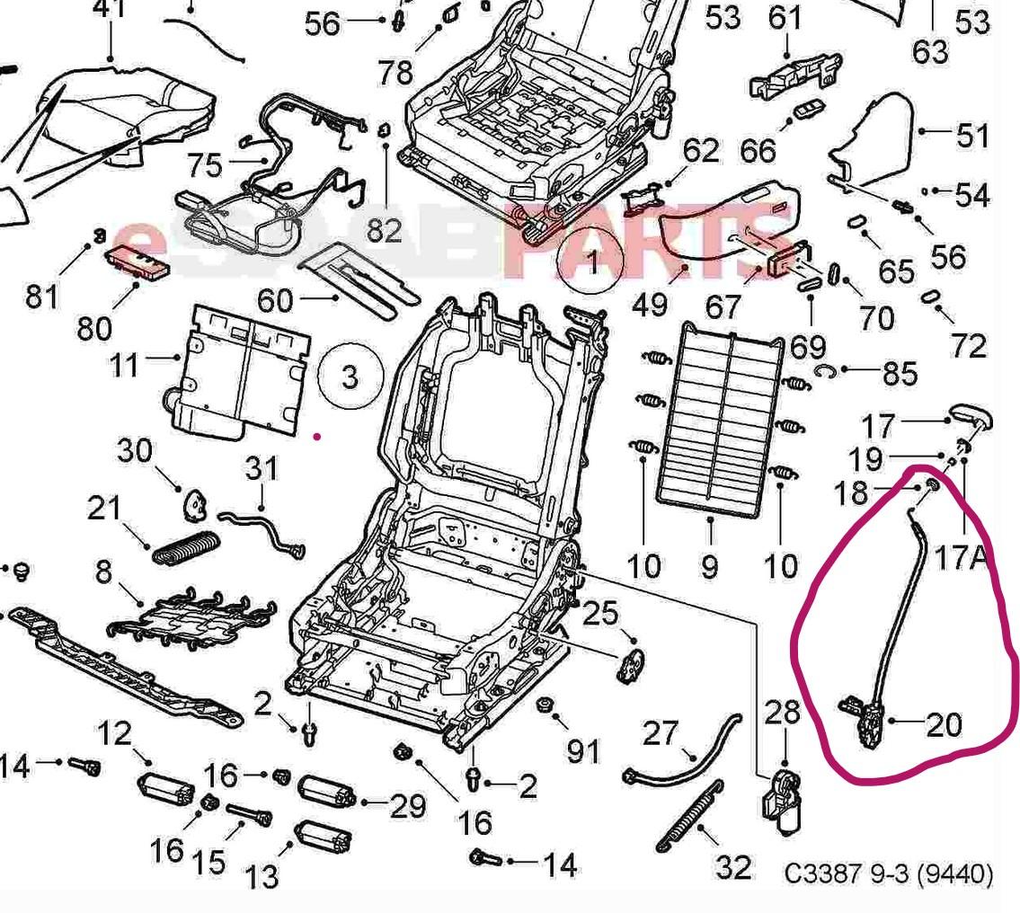 Saab 9-3 Cable, Seat Front seat, left for backrest unlocking